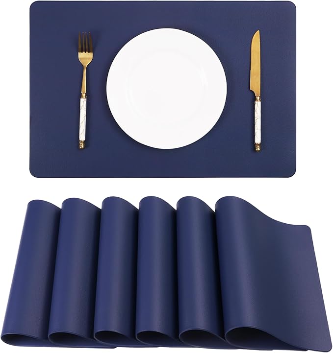 Faux Leather Placemats HeloHo Navy Blue Table Place Mats Set of 6 Waterproof Oilproof Heat Stain Resistant Washable Wipeable Placemat for Kitchen Dining Table Decoration Indoor Outdoor