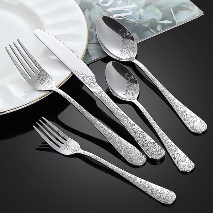 20-piece flowers TWEE Silverware Set for 4, Palace Style Stainless Steel Flatware Cutlery Serving Utensils, Eating Tableware for Home Kitchen Hotel Restaurant, Mirror Polished