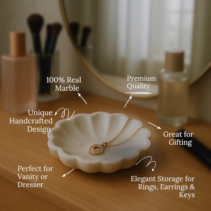 Handcrafted Marble Jewelry Tray, Decorative Trinket Dish for Rings Earrings Necklace Bracelet, Key Bowl, Ideal Gift for Mother Sister Daughter Friends, Birthday Wedding Christmas 5"