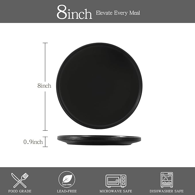Stoneware Salad Plates Set of 4, 8 Inch Plates for Dessert, Ceramic Plates Sets, Microwave Safe, Dishwasher Safe, Versatile for All Seasons, Matte Black