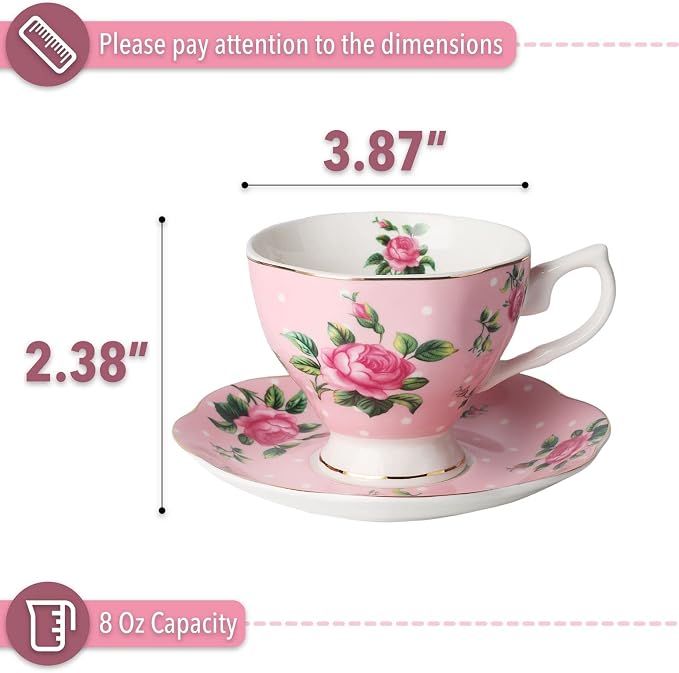 BTaT- Floral Tea Cups and Saucers, 8 oz, Fine Porcelain Teacup Set - Image 3