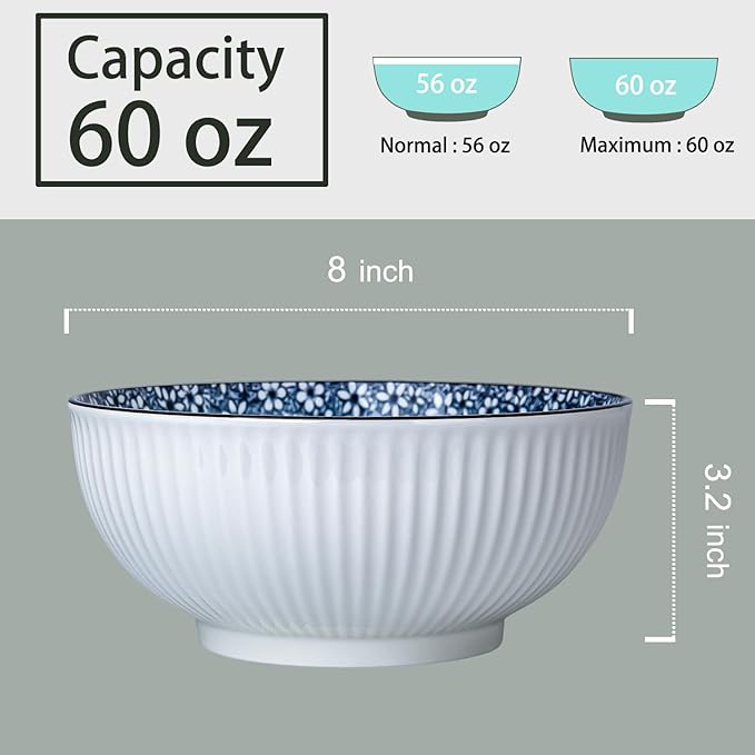 60 oz Large Soup Bowls, Pho Bowls, 8 Inch Blue and White Ceramic Japanese Ramen Bowls Set of 3 - Floral Pattern