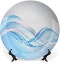Ceramic Display Plate, Abstract Ceramic Hanging Decorative Plate, Modern Wavy Ocean Surfer Summertime Themed, 10 Inch, Living Room Kitchen Decoration Household, Pale Blue and White