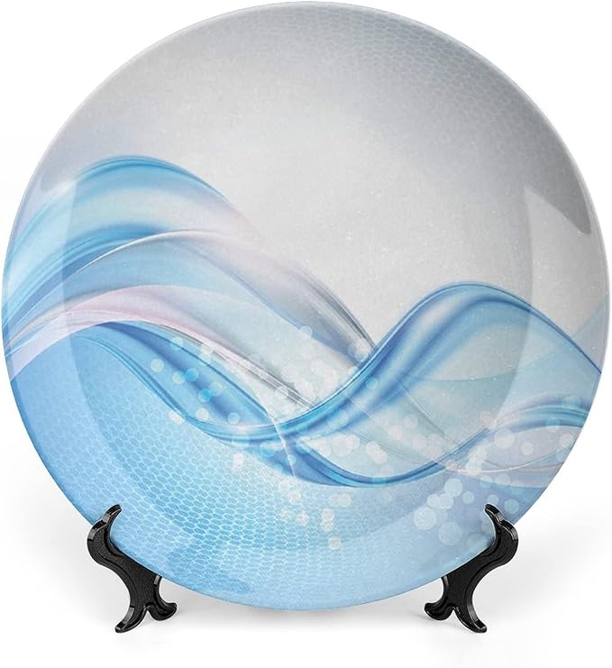 Ceramic Plates, Abstract Decorative Ceramic Plates, Modern Wavy Ocean Surfer Summertime Themed, 8 Inch, for Dining, Parties, Wedding, Pale Blue and White