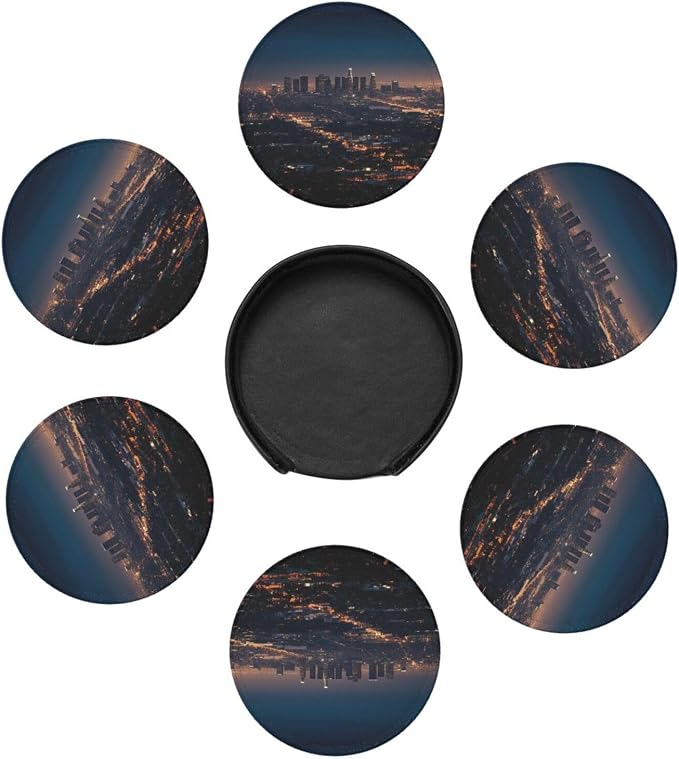 6Pcs PU Leather Coaster for Drinks, Los Angeles Skyline Cup Coasters - Image 7