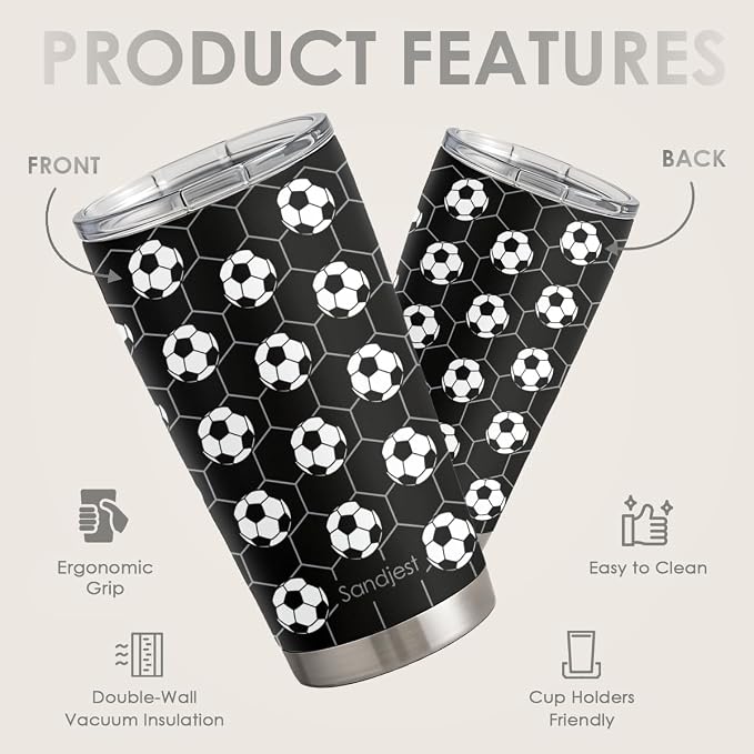 SANDJEST Soccer Stainless Steel Tumbler 20oz, Insulated Travel Coffee Cup - Image 2