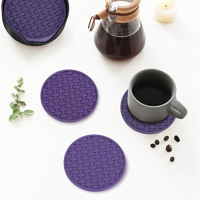 Purple Silicone Coasters with Holder, 4 Inches Non-Slip Decorative Cup Mats for Drinks, Heat Resistant & Waterproof Round Coaster Set of 6 for Home, Office, Kitchen, Bar Table