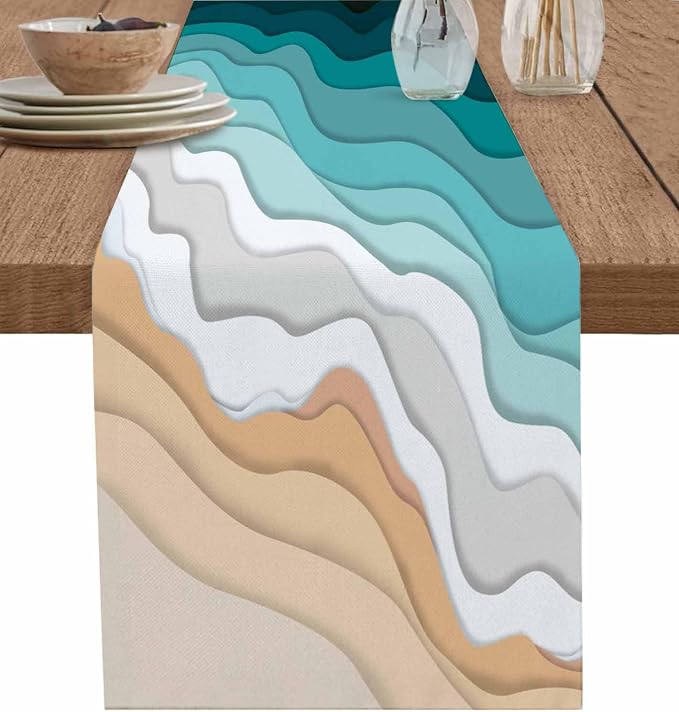 Turquoise Geometric Beach Short Table Runners 36 Inches, Cotton Linen Fabric by Edwiinsa