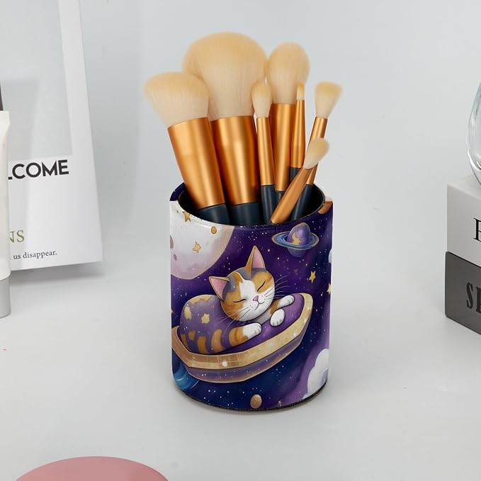 Leather Pen Holder for Desk, Planet Cat Pencil Cup Pen Organizer Makeup Brush - Image 6