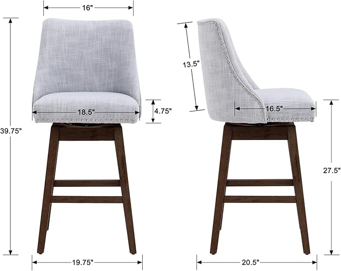 27.5" Counter Height Bar Stool, Linen Fabric Mid Century Modern Swivel Barstool with Back & Wood Legs Comfy Upholstered Counter Chair for Home Bar/Dining Room/Restaurant, Grey