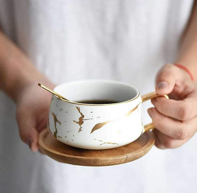 Jusalpha 10 oz Luxury Golden Hand Print Coffee Teacup Saucer Set, Fashion - Image 6