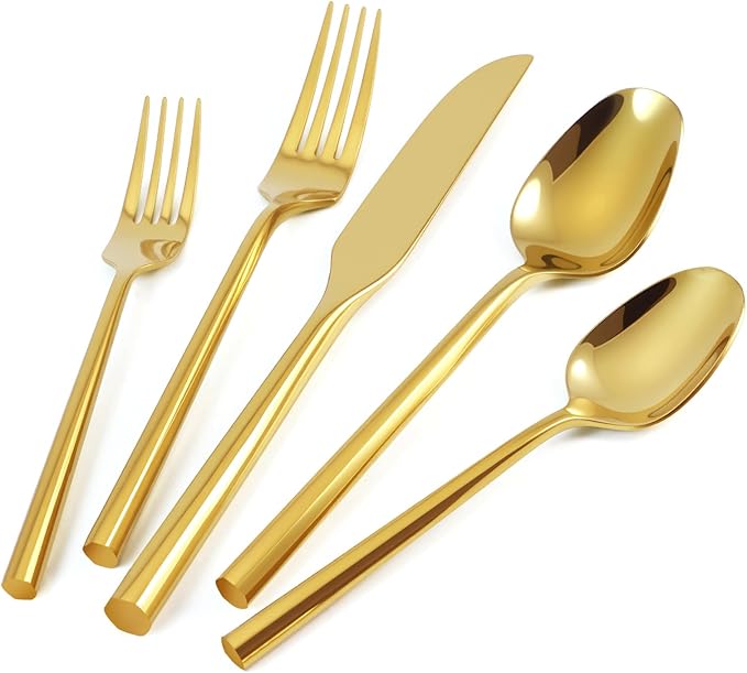 Silverware Set 40-Piece Stainless Steel Cutlery, Mirror Polishing Utensils, Gold Hexagon Flatware Sets, Service for 8