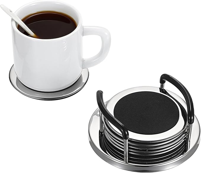 JUXYES Set of 6 Stainless Steel Round Coasters with Holder & Sponge Bottom, Silver Black Metal Cup Coasters Set Stunning Cool Coaster Cups Mats Decor for Restaurant Kitchen bar Dining Table