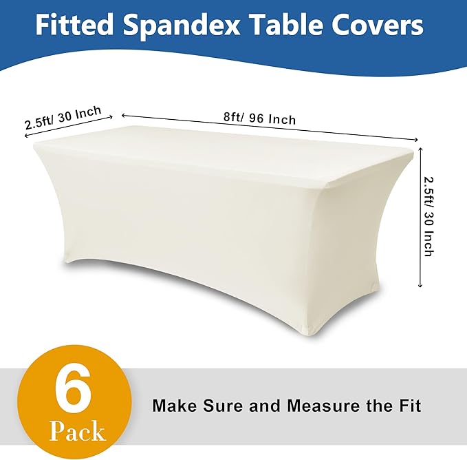 Spandex Table Cloths for 8 Foot Rectangle Tables-6 Pack Fitted Stretch Cream Table Covers-Elastic Folding Tablecloths for Party, Vendor Booth Display, Banquet Buffet Event, Craft Trade Show