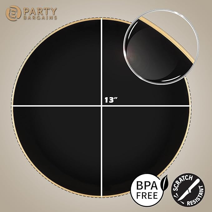 PARTY BARGAINS 13-Inch Charger Plates - 16 Pack, Organic Collection Black Gold Rim, Heavy-Duty Disposable Chargers for Elegant Dining - Ideal for Weddings and Formal Events
