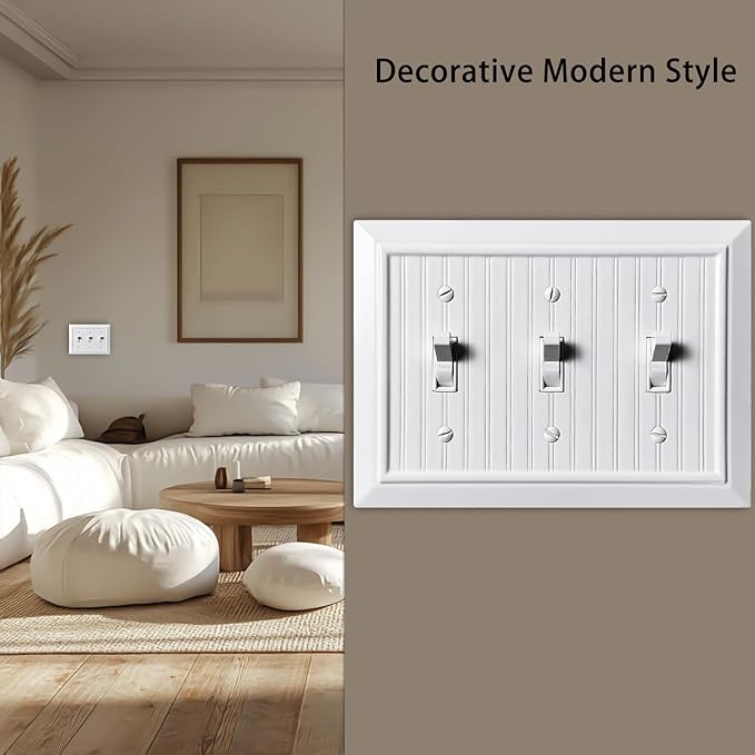 Beadboard Outlet Covers Wall Plates, Bamboo Fiber Light Switch Covers, Natural Material Electric Receptacle Decorative Switch Plate Outlet Cover (Pure White, 3 Gang Toggle 1 Pack)