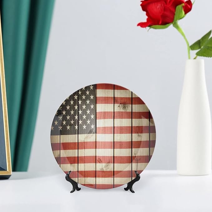 Decorative Plates, American Flag Decor Print Ornament, USA Flag Over Vertical Striped Wooden Board, 7 Inch, 1 Plate with 1 Display Stand, Blue Red