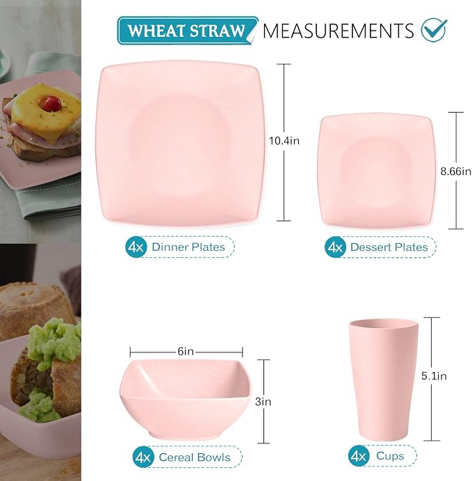 Teivio 16-piece Plastic Wheat Straw Square Dinnerware Set - Image 2