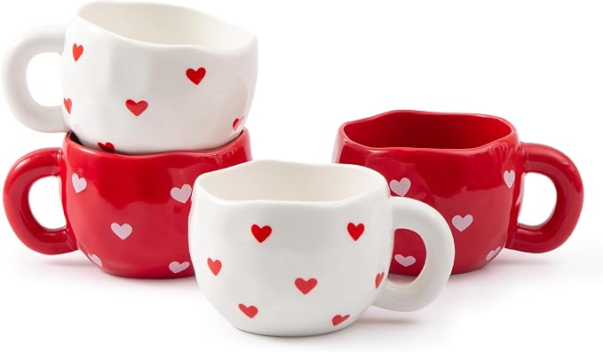 4pcs Ceramic Hearts Mugs Set, 9.4OZ Cute Love Coffee Cup Set, Dishwasher Safe by YumiPLUS