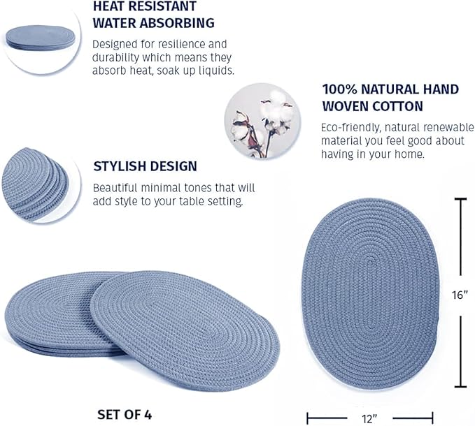 Braided Placemats Set of4 Cotton Fabric Oval Table Mats Non Slip Washable 16 * 12 inch Oval Place Mats, 4 Pack Grey Woven Placemats