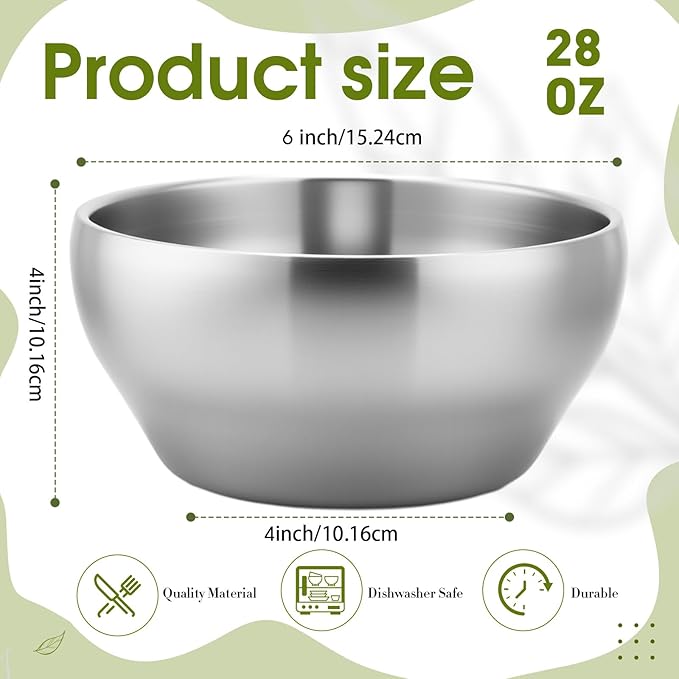 12 Pack Stainless Steel Bowls Bulk SUS304 Double Wall Insulated Bowls Matte Brushed Metal Soup Bowl for Rice Salad Noodle Snack Cereal Ice Cream Serving Mixing Prep (28 oz)