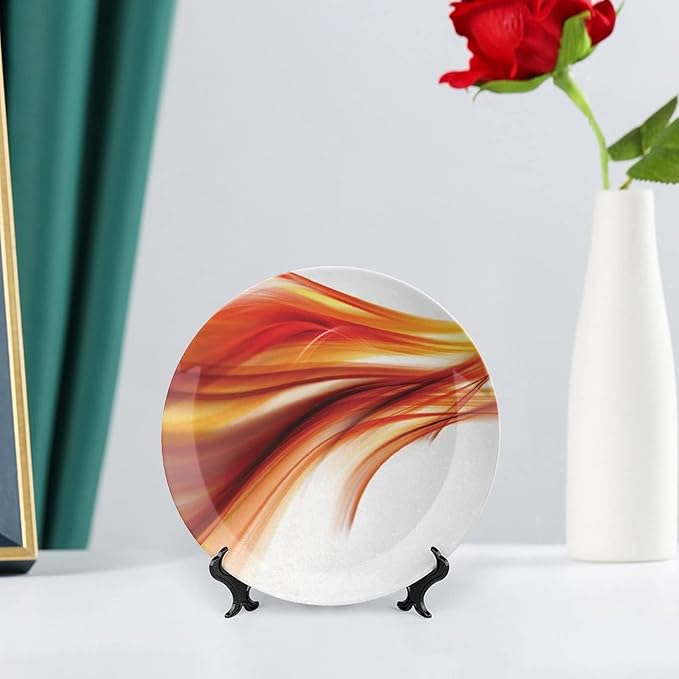 Ceramic Plates, Abstract Decorative Ceramic Plates, Modern Smooth Lines Blurred Smock Art, 8 Inch, for Dining, Parties, Wedding, Orange Red