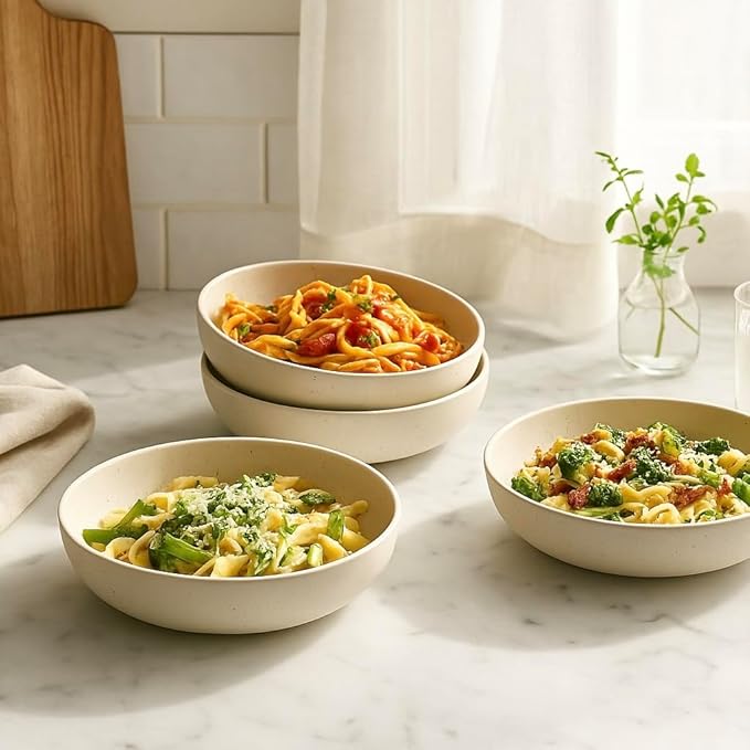 Ceramic Pasta Bowls Set of 4 – 40oz Extra Large Dinner Bowls, Deep Plates Salad Bowl for Eating, Pasta Plates, Stoneware Shallow Bowl Plate Set, Dishwasher & Microwave Safe - Beige
