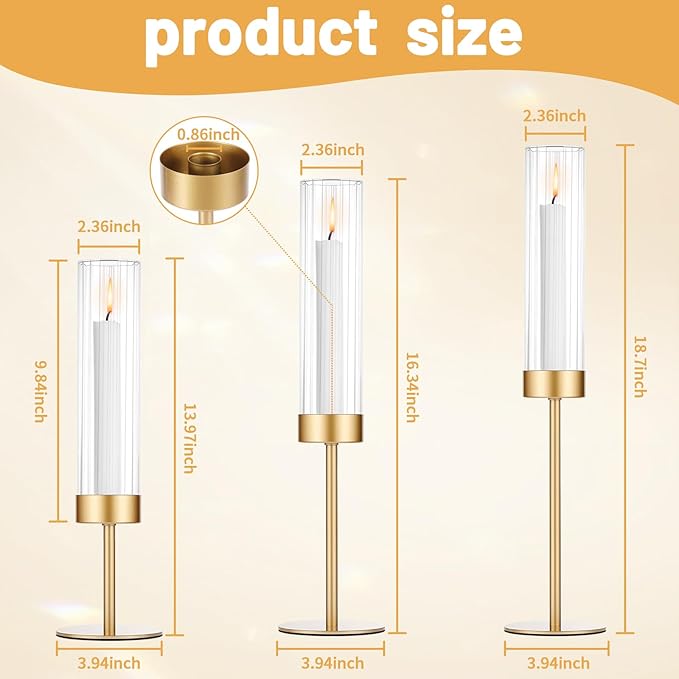 Tall Candle Holders Set of 3, Hurricane Glass Taper Candlestick Holders for Wedding, Christmas Decor, Dining Table, Party Centerpieces