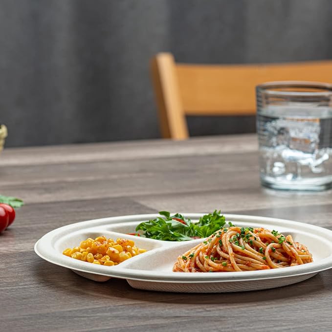 GUSTO [10 Inch - 125 Count Heavy-Duty 100% Compostable, 3 Compartment Eco-Friendly, Kraft Disposable Sugarcane Paper Plates - Brown Unbleached (Formerly Comfy Package)