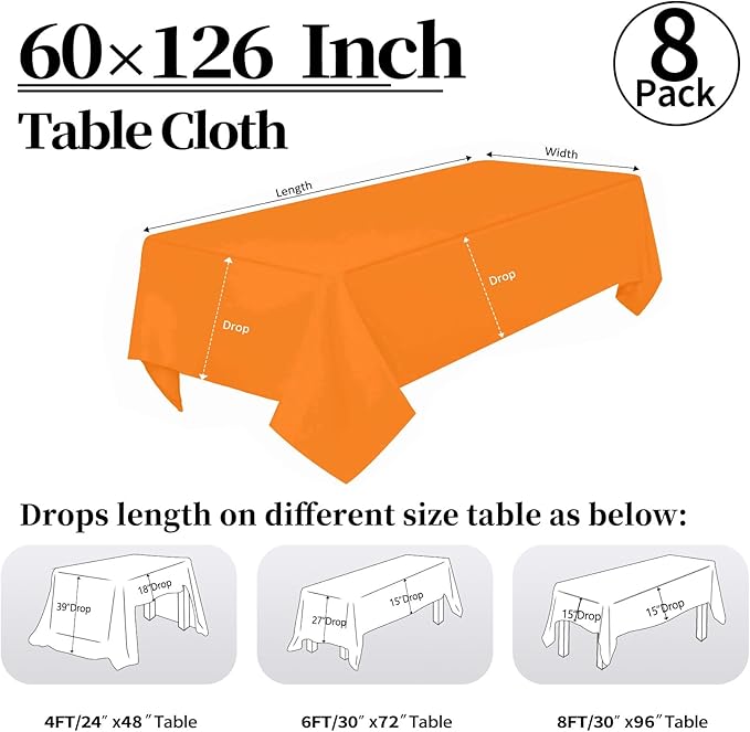 8 Pack Orange Tablecloth 60 x 126 Inch Rectangular Table Cloth for 8 Foot Rectangle Tables, Wrinkle Resistant Washable Rectangle Fabric Table Covers for Wedding Party Banquet Buffet and Camping