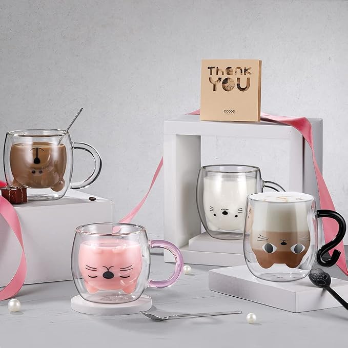 ecooe Cute Bear Mug Glass Coffee Cup 9.8oz Double Walled Glass Mug | - Image 6