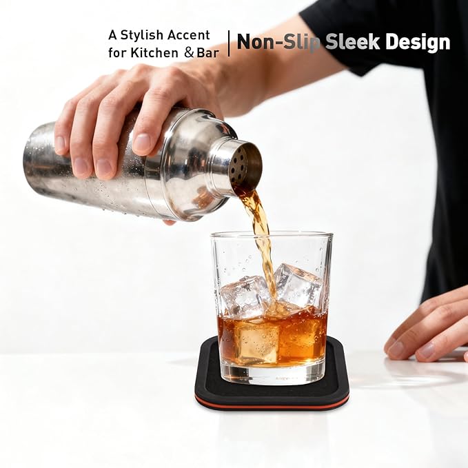 Lexenic Sleek Absorbent Coasters for Drinks with Solid Acacia Wood Holder, Silicone Cup Mat with Removable Felt Insert, Non-Slip, Non-Stick, Gift for Coffee Table Kitchen Decor, 6PCS (Black Red)