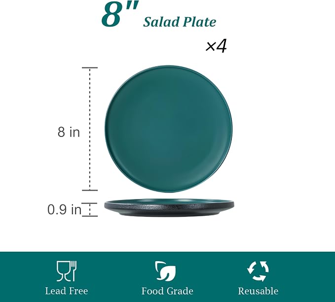 Ceramic Salad & Dessert Plates Set, 8 Inch, Modern Green | Stoneware, - Image 3