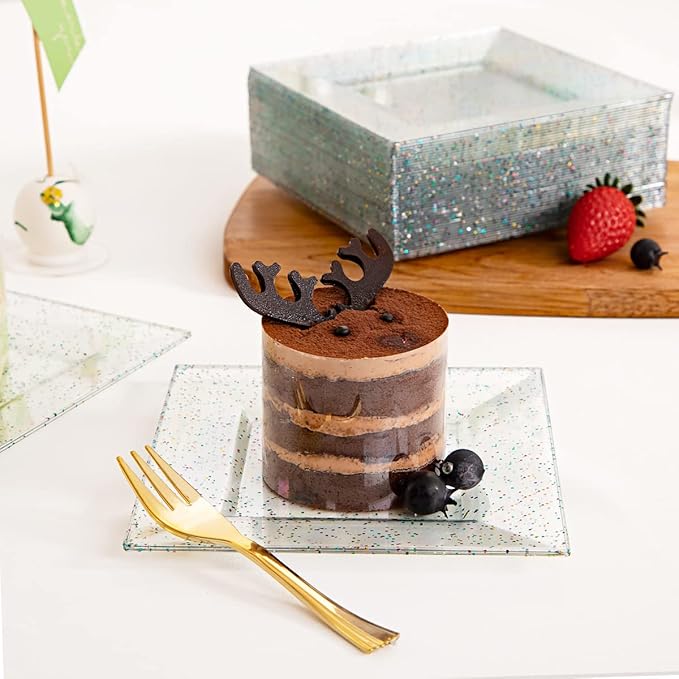 supernal 200pcs Square Plastic Dessert Plates-100pcs Gold Dessert Forks,100pcs 6inch ClearDessert Plates,cocktail plates, Clear Appetizer Plates for Pary Birthday Afternoon tea