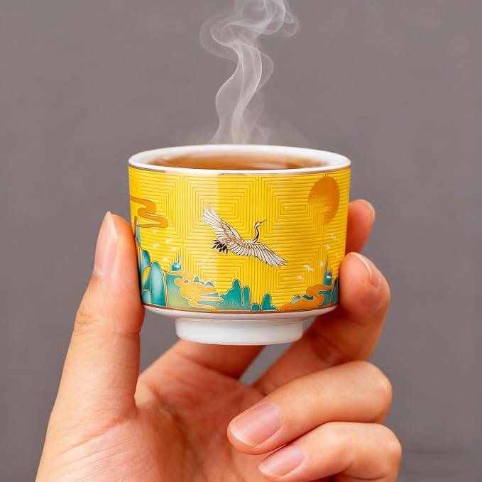 Chinese Tea Cups Set of 4, Crane Pattern Enamel Ceramic Cup, 4.3 oz | Handleless - Image 4