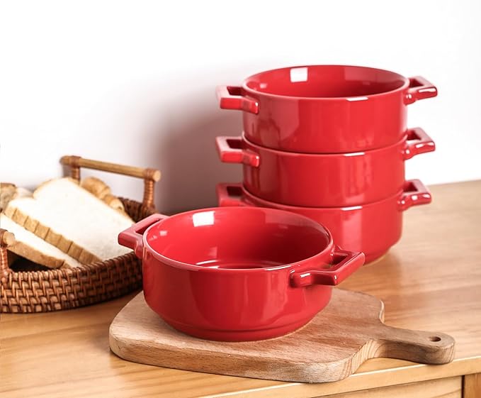 vicrays Ceramic Soup Bowls with Handles, 24 Oz Porcelain Soup Crocks for French Onion Soup, Cereal, Beef Stew, Chill, Pasta, Pot Pies, Microwave and Oven Safe, Set of 4 (Red)