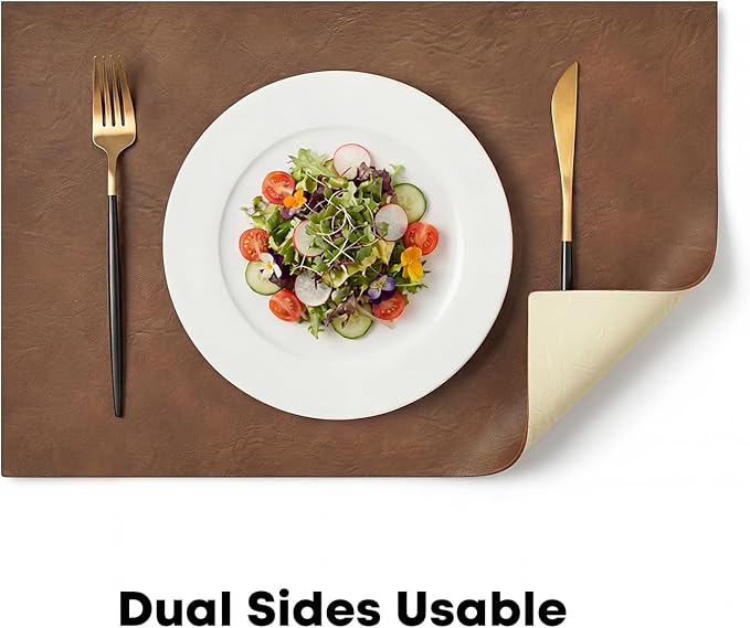 Artoid Mode Brown Faux Leather Placemats Set of 6, 12x18 Inch Waterproof Wipeable Heat Resistant Vinyl Place Mats, Reversible Table Mats for Kitchen Dining Decor