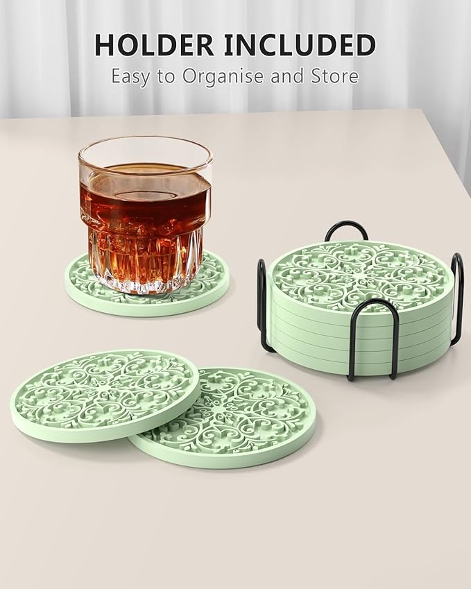 Drink Coasters, Coasters Set of 6 for Cup with Holder, Non-Slip Silicone Cup Mats for Hot and Cold Drinks, Cute Absorbent Coffee Bar Accessories Table Decor, Tender Green