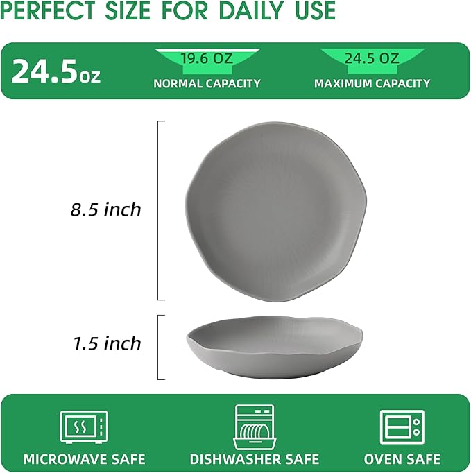 Pasta Bowls Set of 4, Ceramic 24.5oz Serving Salad Bowl, Large 8.5 inch Wide Shallow Soup Bowls with Wavy Rim, Easy to Clean, Oven Microwave Dishwasher Safe for Fruit Pasta Salad Dinner - Grey