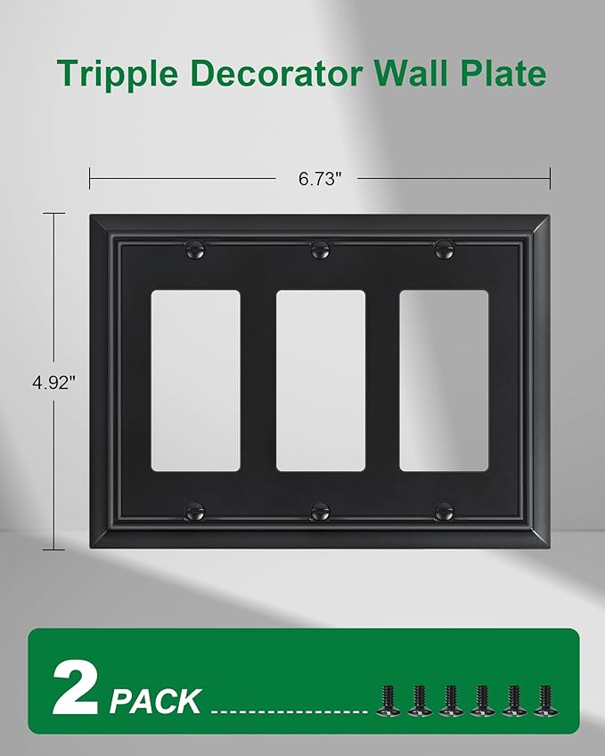 2-Pack Decorative Tripple Decorator Outlet Cover Plate, Durable Natural Bamboo Fiber Matte Black Wall Plates for Electrical Outlets, Receptacle, GFCI Outlet, Dimmer Switch, 3-Gang, Corrosion Resistant