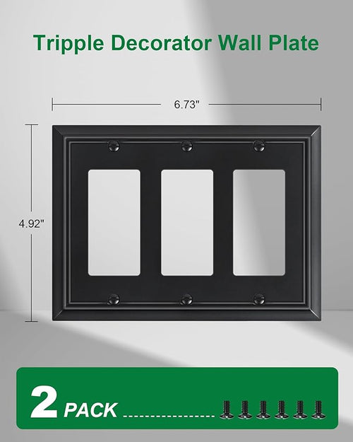 2-Pack Decorative Tripple Decorator Outlet Cover Plate, Durable Natural Bamboo Fiber Matte Black Wall Plates for Electrical Outlets, Receptacle, GFCI Outlet, Dimmer Switch, 3-Gang, Corrosion Resistant