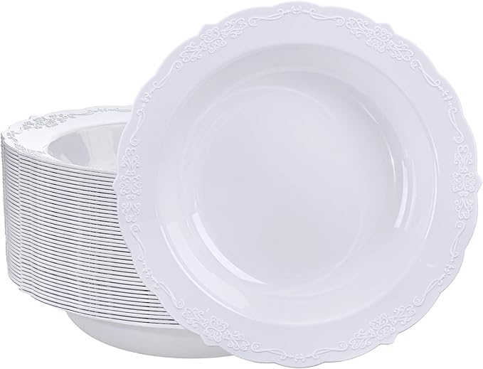 DaYammi 30 Pack White Plastic Bowls, 12oz Disposable Soup Bowls, White Soup bowls Disposable Heavy Duty Dinner Bowl for Weddings, Plastic Salad Bowl for Parties, Dinners, Catering and Everyday Use