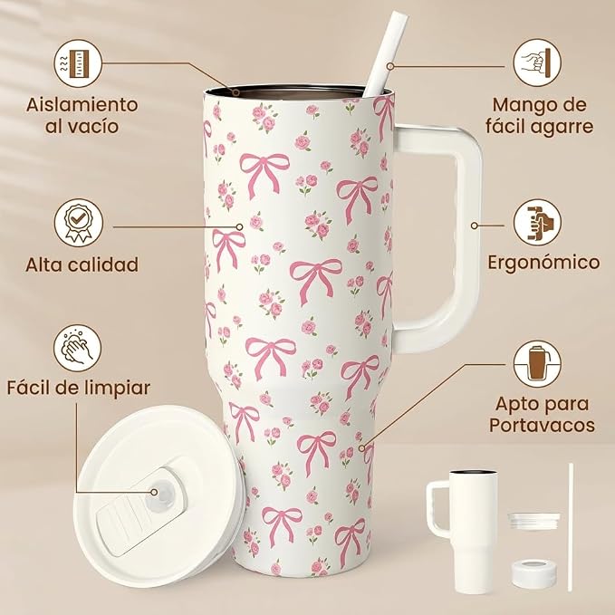 Bow Tumbler with Handle 40oz, Stainless Steel Insulated Tumblers Coffee Travel - Image 2