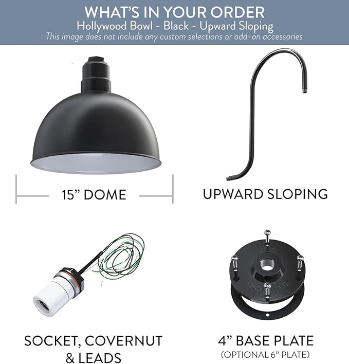 Steel Lighting Co. Hollywood Bowl Light | Outdoor Wall Mounted | 15 inch Bowl Dome | Upslope Gooseneck | Barn Light Made in America | Black Exterior/White Interior