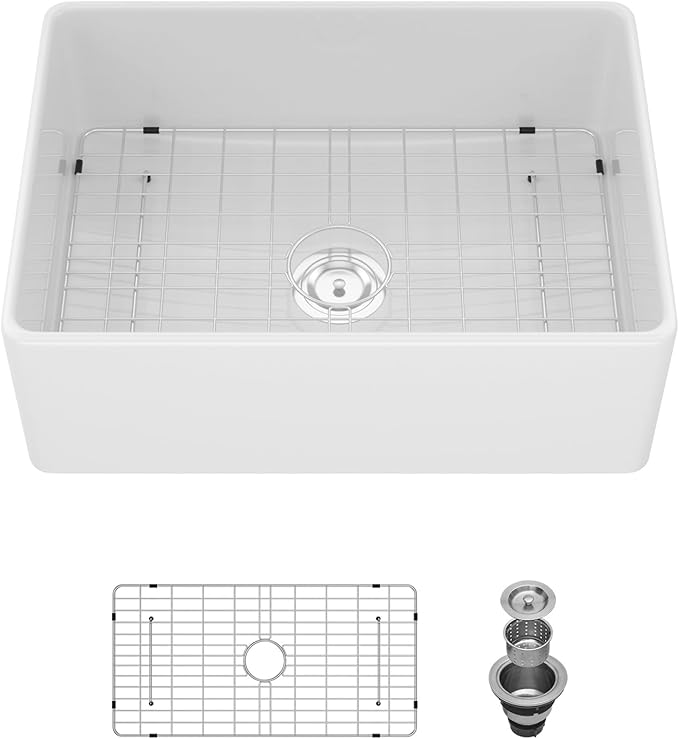 Sarlai 30 White Farmhouse Kitchen Sink - 30 x 20 Inch Kitchen Sink Apron Front Farm Style Sink White Ceramic Porcelain Fireclay Single Bowl Farm Sink Basin