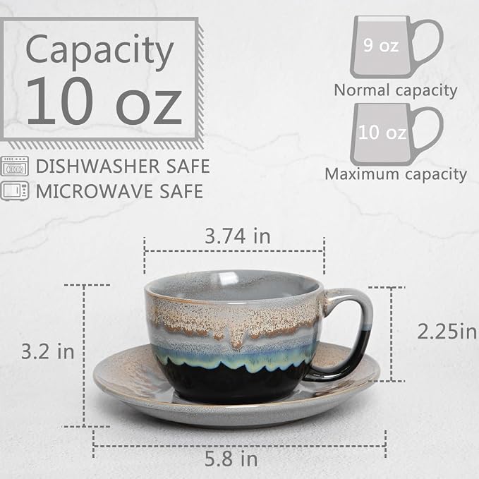 Bosmarlin Ceramic Cappuccino Cup and Saucer Set of 2, 10 Oz, Dishwasher and - Image 2