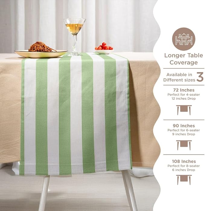 Folkulture Fall Table Runner 108 Inches Long | White & Sage Green Striped | - Image 7