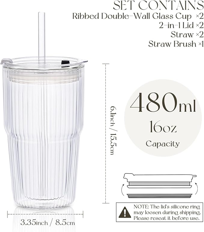 KEMORELA 16oz Ribbed Double Wall Glass Cups - Image 3