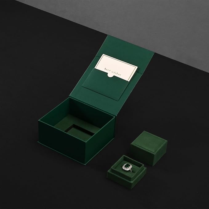 Oirlv Ring Gift Box with Lid Green Magnetic Boxes for Wedding Proposal Gift Birthday Present with Card(Green)