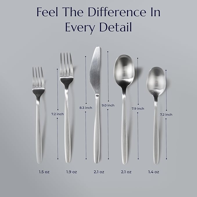 JazzUpCo Tia Flatware non toxic 18/10 stainless steel dishwasher safe (Matte Silver, 4 Person Set (20 Pieces))